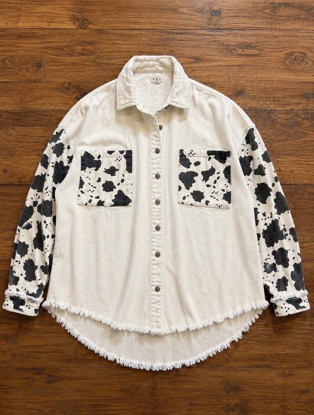 POL Cow Print Denim Jacket Western Boho (r1)